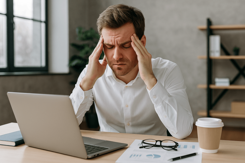 Man in white shirt at computer with hands on head and eyes closed looking stressed
